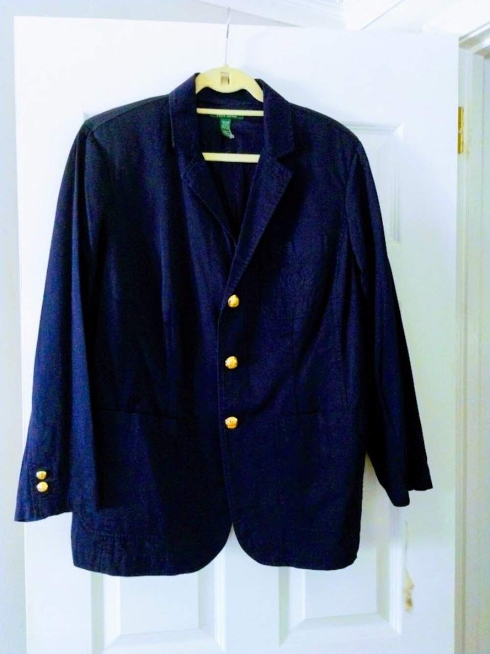 NWT RALPH LAUREN Women Jacket Cotton Navy Gold Buttons Embroidered Crest 1X